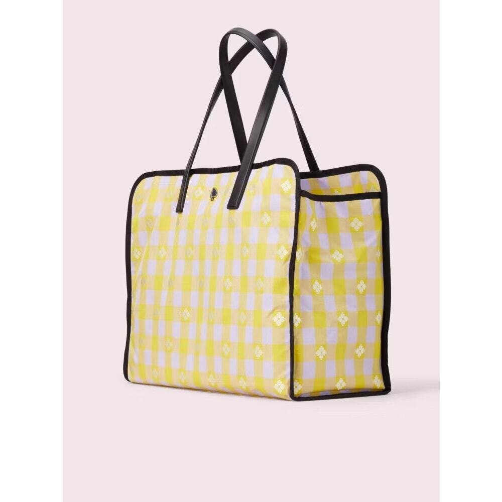 Kate Spade Morley Plaid Nylon Tote Yellow Lilac Large NWT - Picture 3 of 12